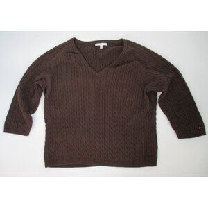 Tommy Hilfiger Women Brown Cable Knit V Neck 3/4 Sleeve Sweater Size 2X